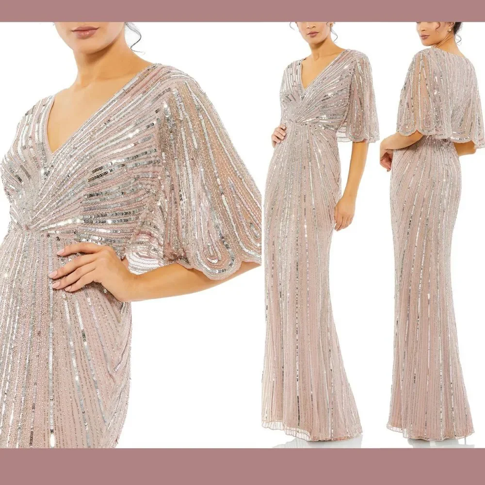 NWT $698 Mac Duggal [ 4 ] Sequined V-Neck Cape Sleeve‎ Column Gown Rose #G1859